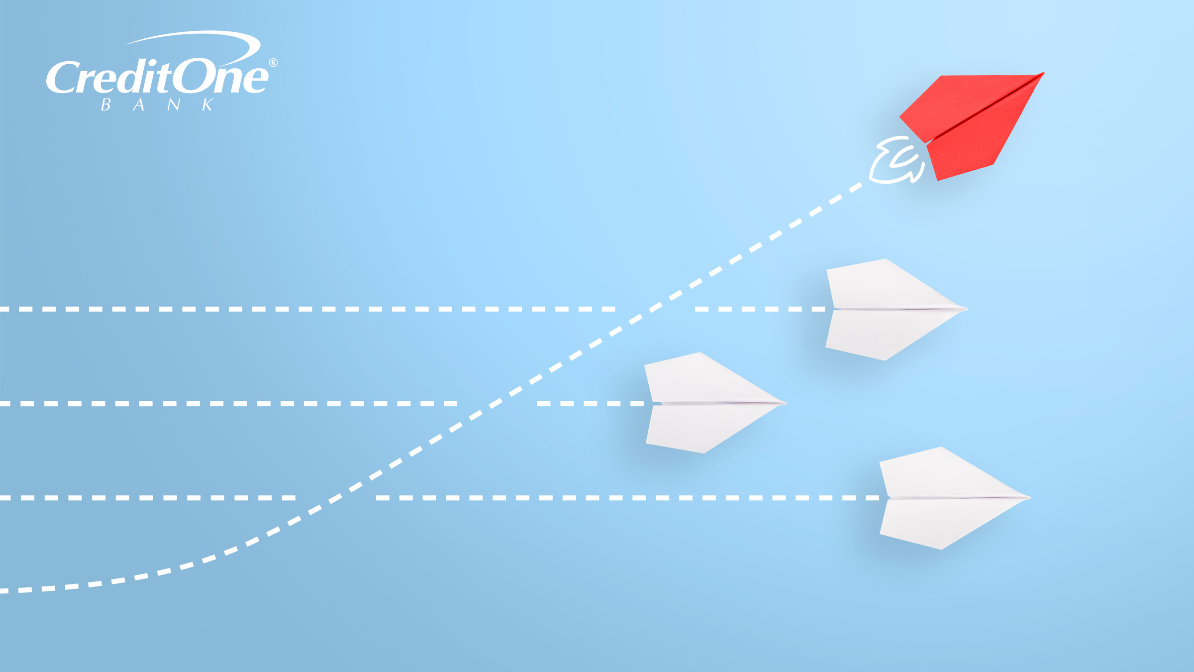 An illustration shows three white paper airplanes flying to the right, as a fourth red airplane soars above and just past the rest with a small flame propelling it forward, symbolizing how someone with more available credit could boost their credit score compared to those with less.