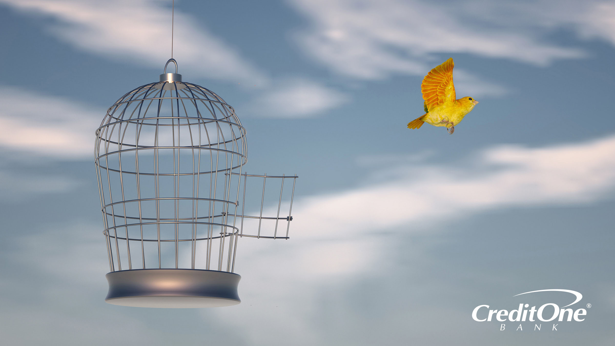 A small, golden canary flies from the open door of a birdcage into a blue sky, which represents the feeling of freedom one might experience when escaping debt.